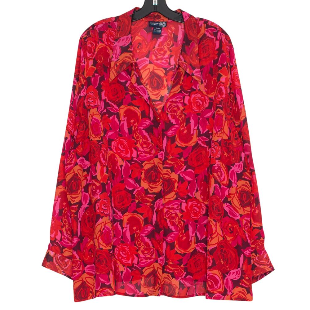 Venezia Top Sheer Floral Rose Button Y2K Cottage Boho Romantic Bold Red 26/28